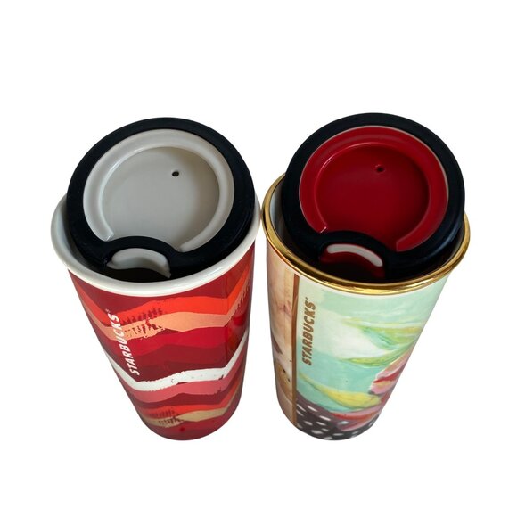 Starbucks Ceramic Travel Mugs Set Of 2 Chevron & Floral Designs W/ Silicone Lids - Picture 4 of 6